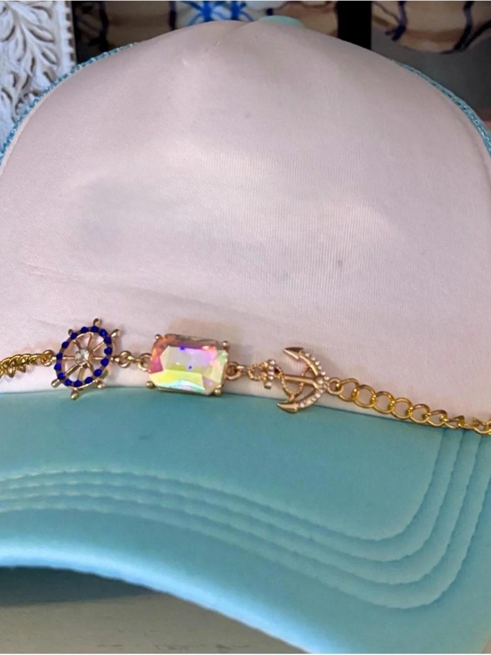 Gold Nautical Crystal Hat Chain  - Iridescent Center Stone